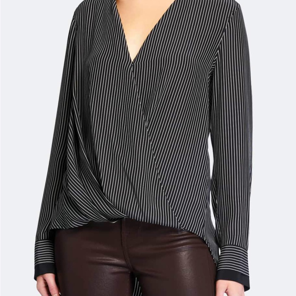 Rag & Bone Victor Striped Silk Wrap Blouse in Black/White - Women’s Size XXS